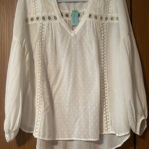 Anthropology Plus White Embroidered V-Neck Women's Top